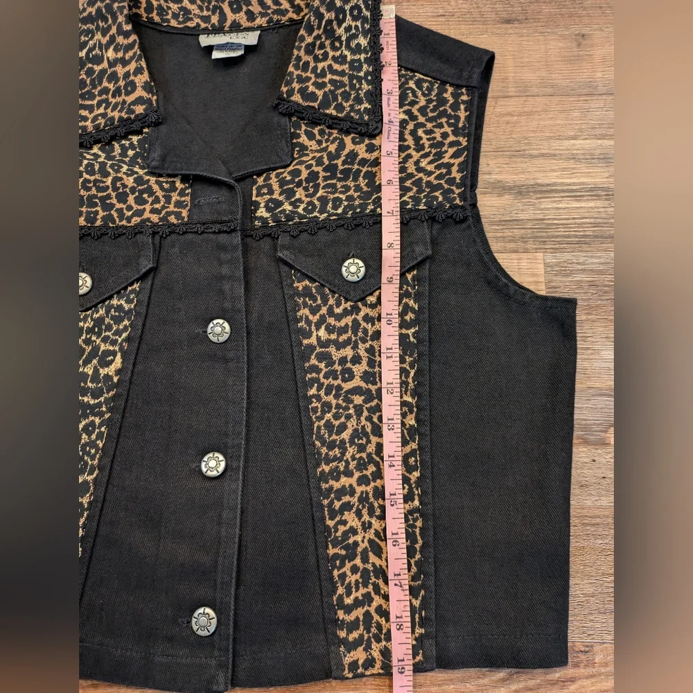 Vintage Peaces USA Leopard Print Denim Vest 90s Western Crochet Y2K Sz M - Picture 12 of 14